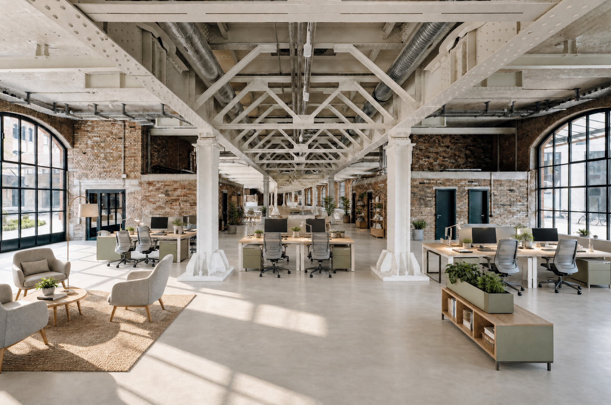 Offene Bürofläche im Postbahnhof Berlin mit modernen Arbeitsplätzen, Lounge-Bereich, historischen Backsteinwänden und sichtbarer Stahlkonstruktion.